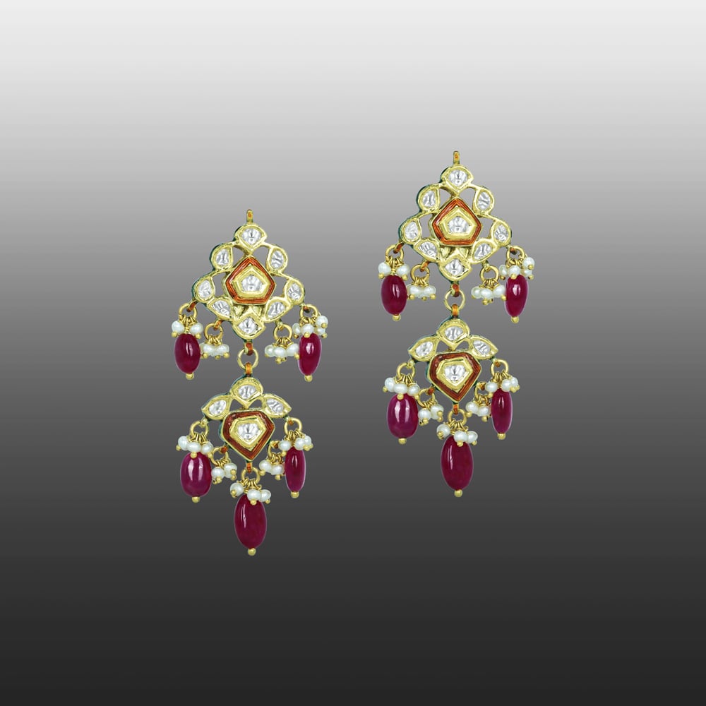 Polki Floral Earrings with Ruby Drops and Red Enamel